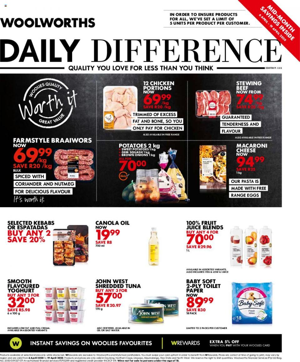 Woolworths Specials Daily Difference 06 April 2020
